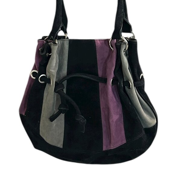 Laura Black Suede Slouchy Hobo Bag Purse Bucket Style Silver Hardware Striped - Picture 1 of 7